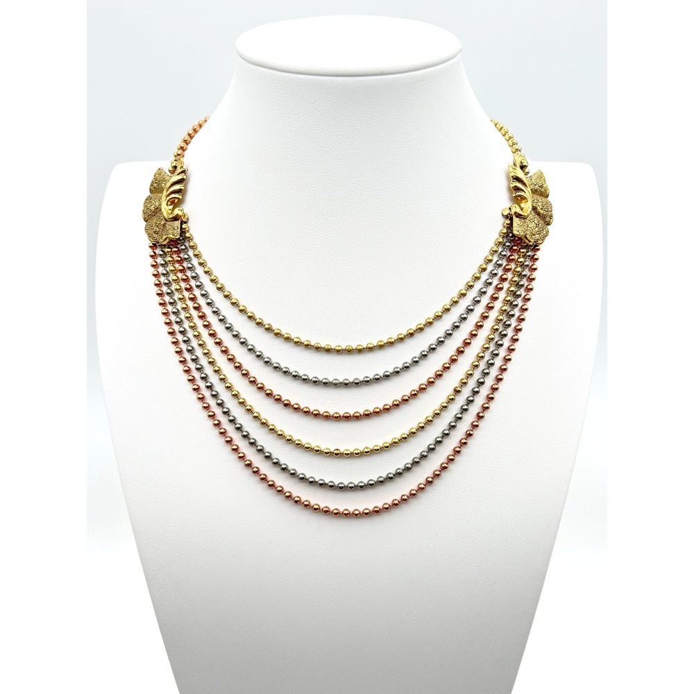 Vintage Tri Color Multi Strand Chain Necklace Mixed Metal Gold Silver Bronze